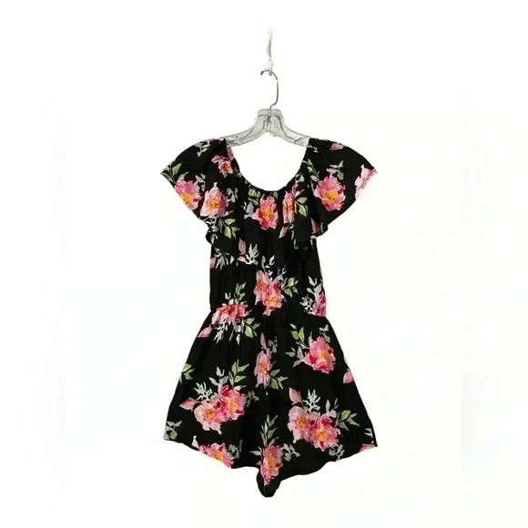 NWOT Aqua La Vie En Rose, Tropical Print Short Sleeve Romper, XS, Black, Pink 🌸 - Picture 6 of 7